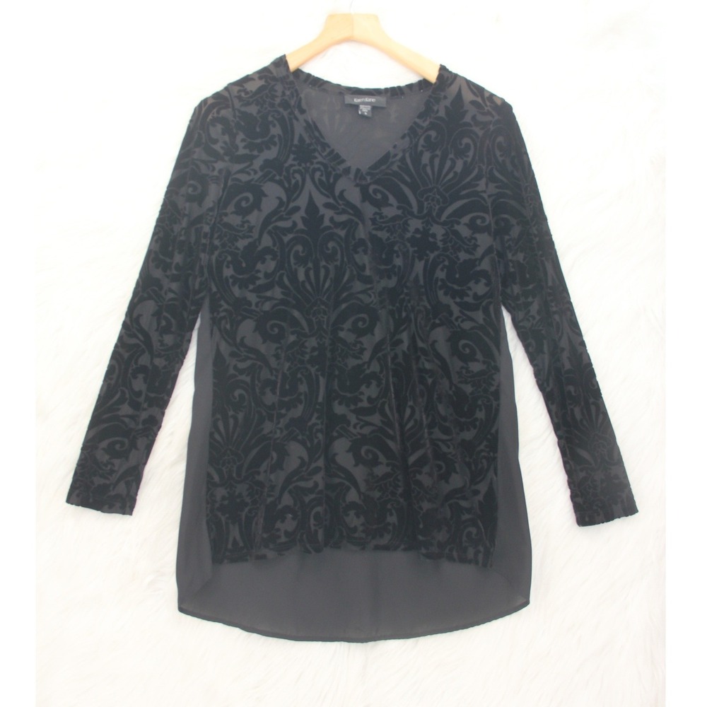 Karen Kane Black Burnout Velvet Damask Top Witchy Whimsigoth Size S Lightweight